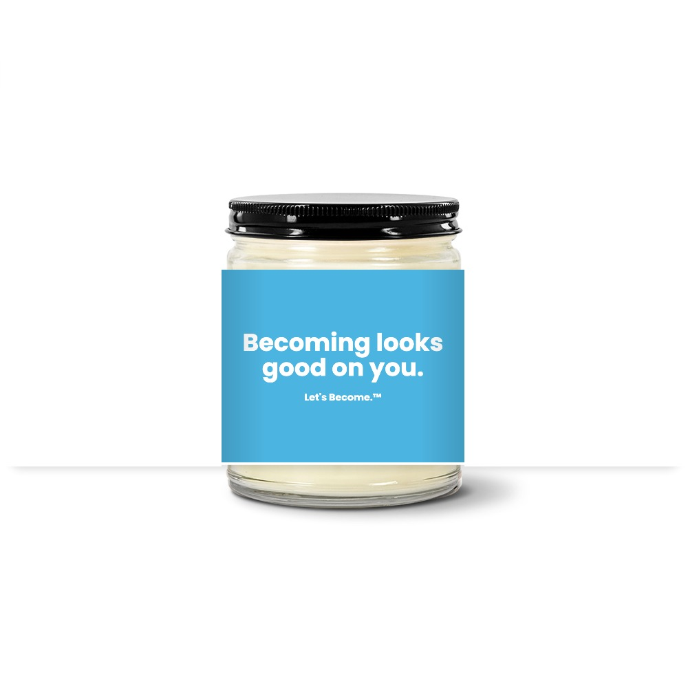 Turquoise Horizon candle — Becoming looks good on you. — coast label, clear jar with black lid