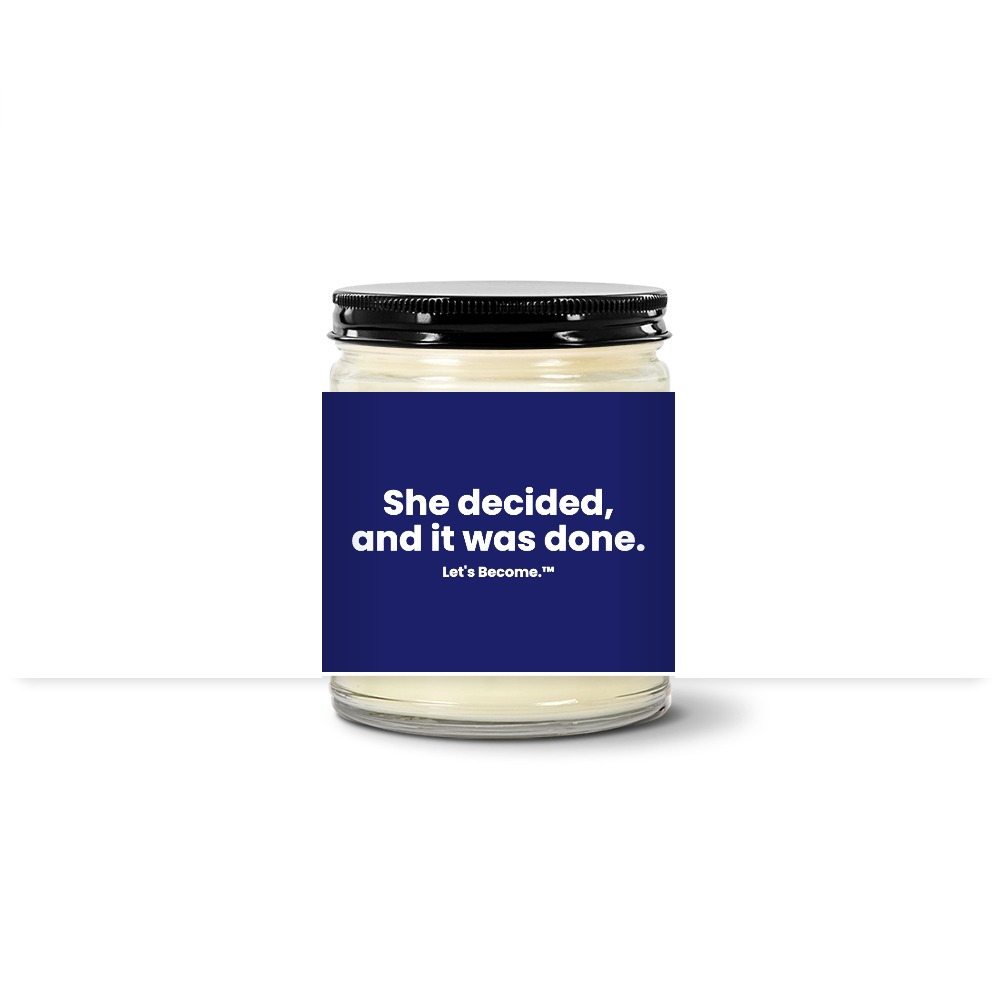 Turquoise Horizon candle — She decided, and it was done. — navy label, clear jar with black lid