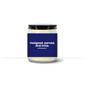 Turquoise Horizon candle — Designed, earned, and mine. — navy label, clear jar with black lid