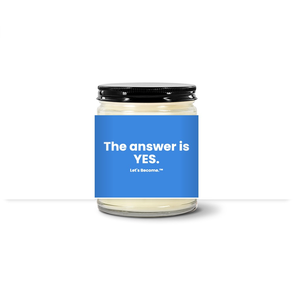 Turquoise Horizon candle — The answer is yes. — sky label, clear jar with black lid