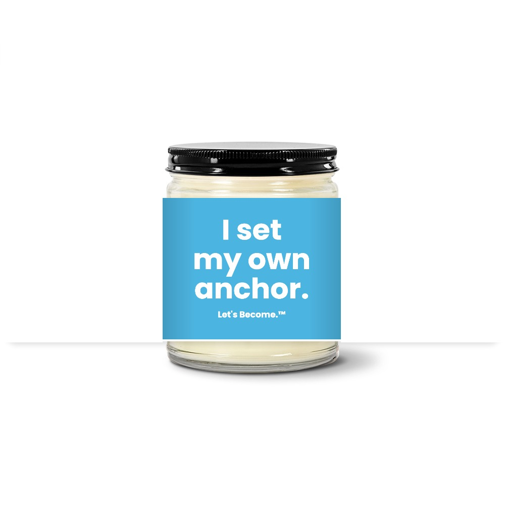 Turquoise Horizon candle — I set my own anchor. — coast label, clear jar with black lid