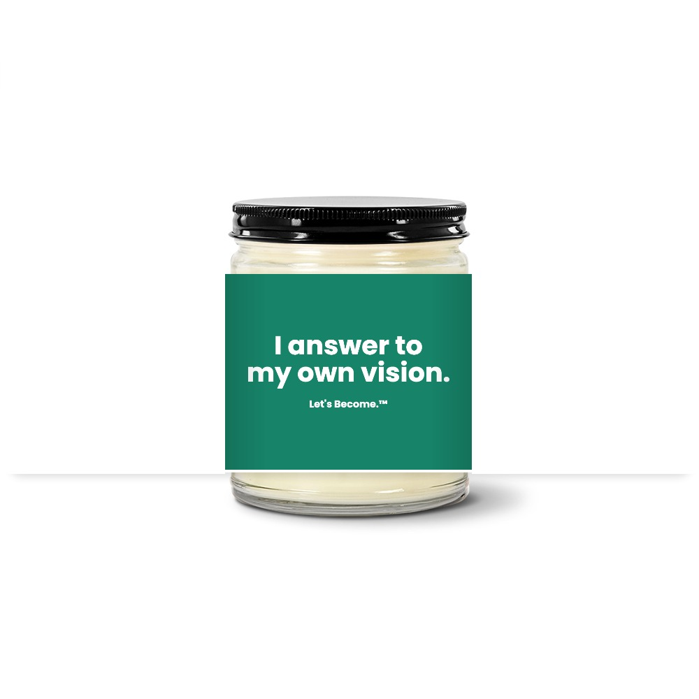 Turquoise Horizon candle — I answer to my own vision. — jade label, clear jar with black lid
