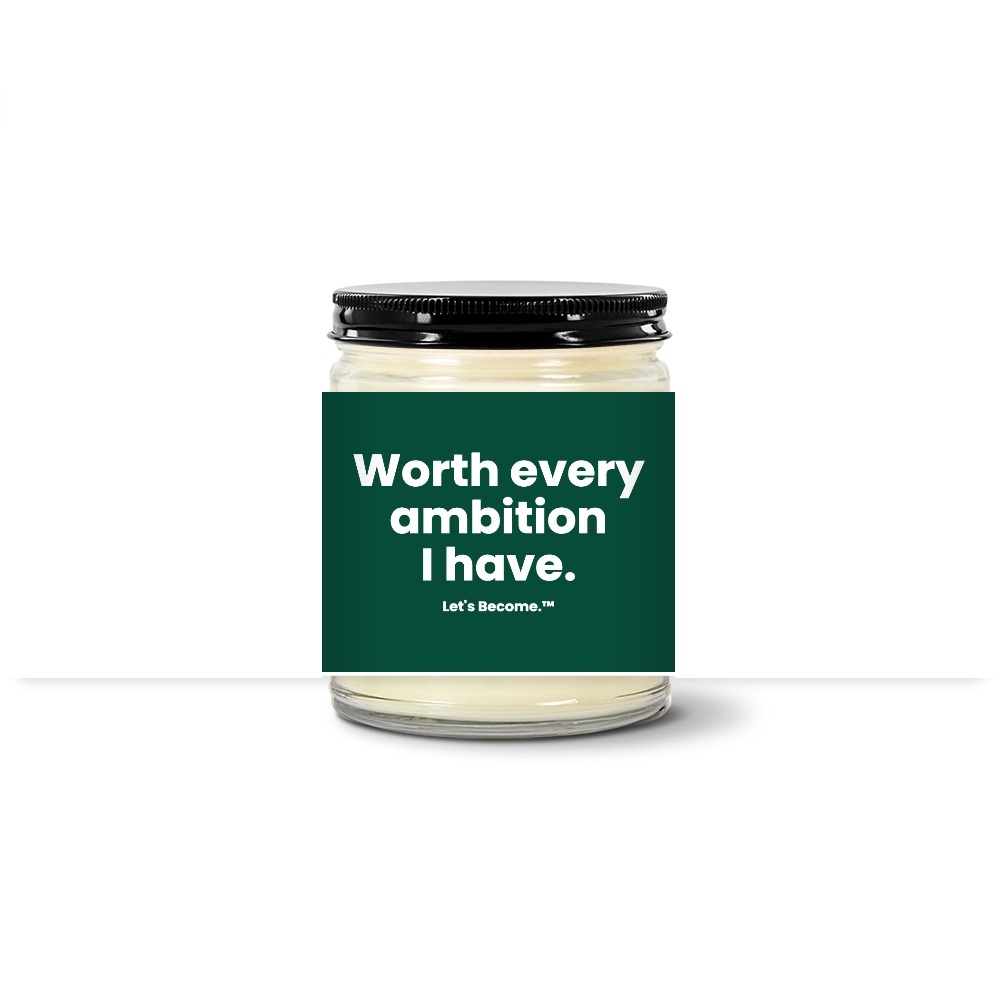Turquoise Horizon candle — Worth every ambition I have. — emerald label, clear jar with black lid