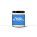 Turquoise Horizon candle — She rose on purpose. — sky label, clear jar with black lid