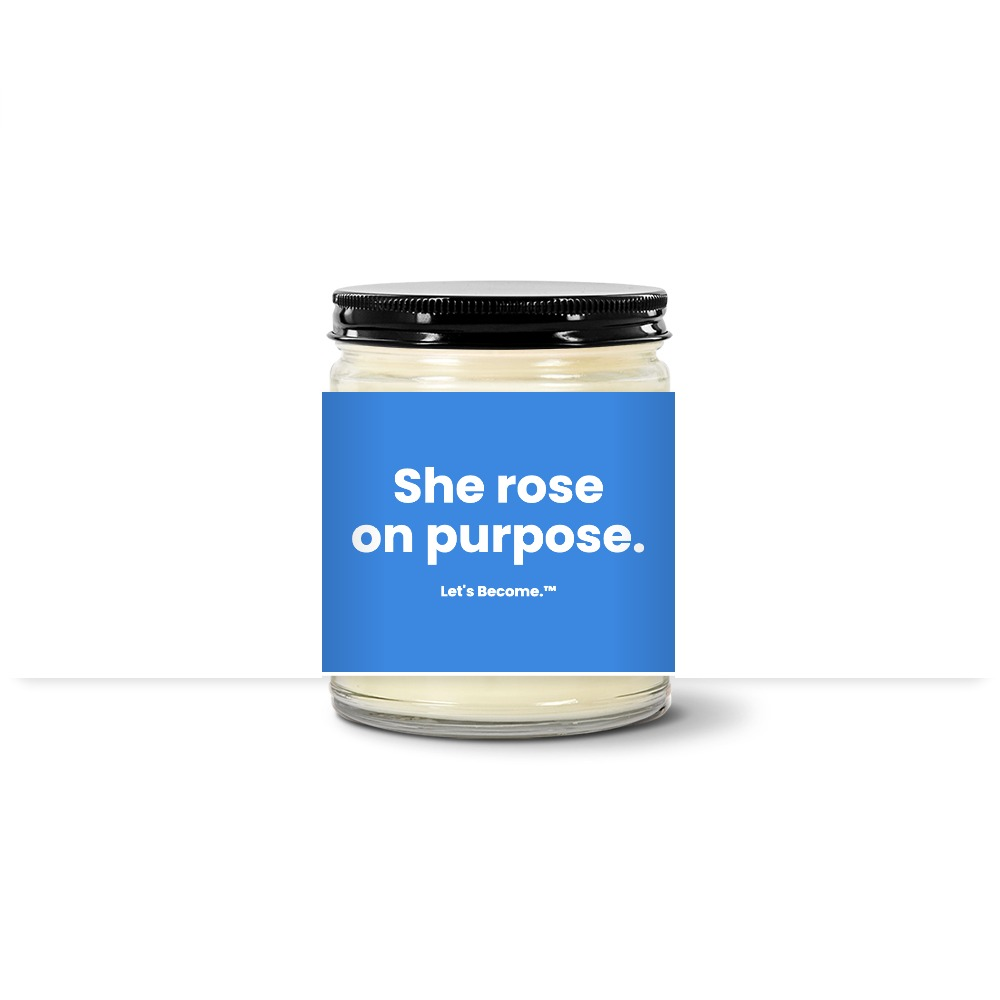 Turquoise Horizon candle — She rose on purpose. — sky label, clear jar with black lid