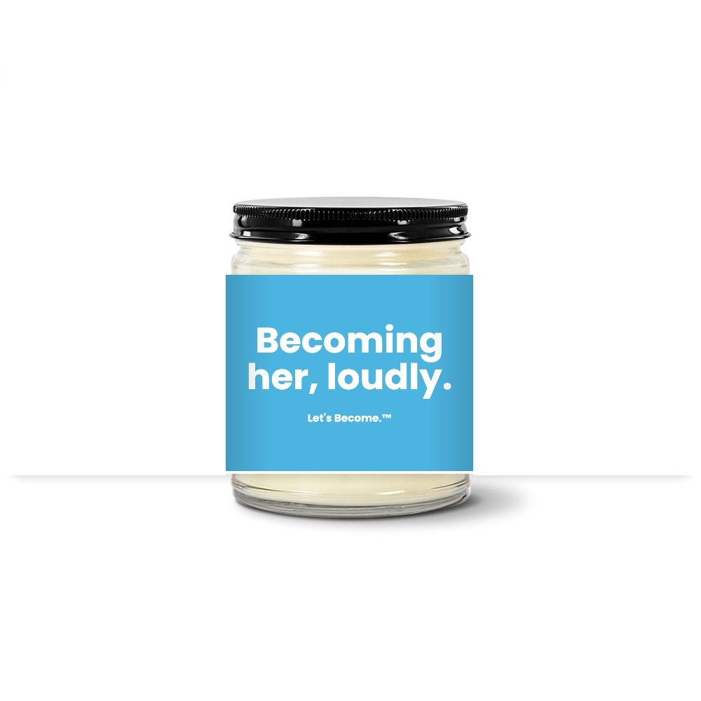 Turquoise Horizon candle — Becoming her, loudly. — coast label, clear jar with black lid