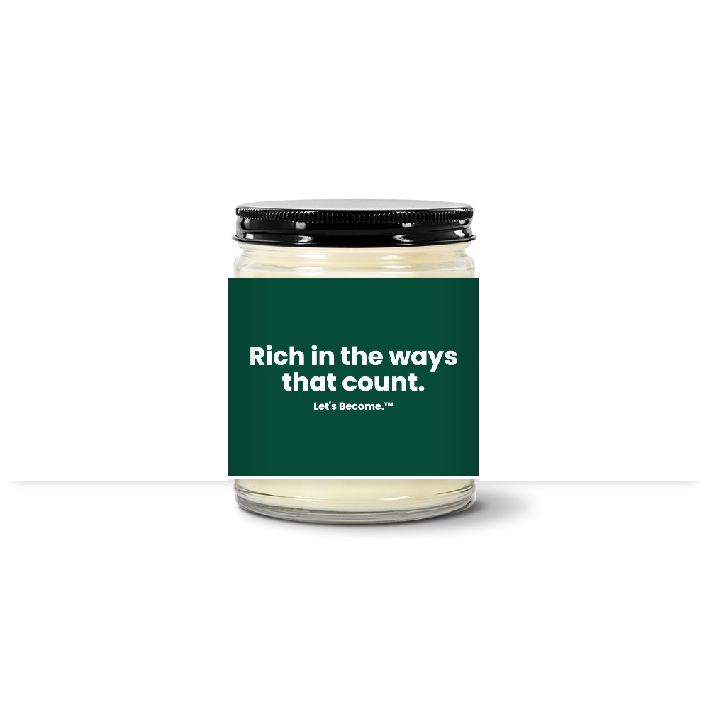 Turquoise Horizon candle — Rich in the ways that count. — emerald label, clear jar with black lid