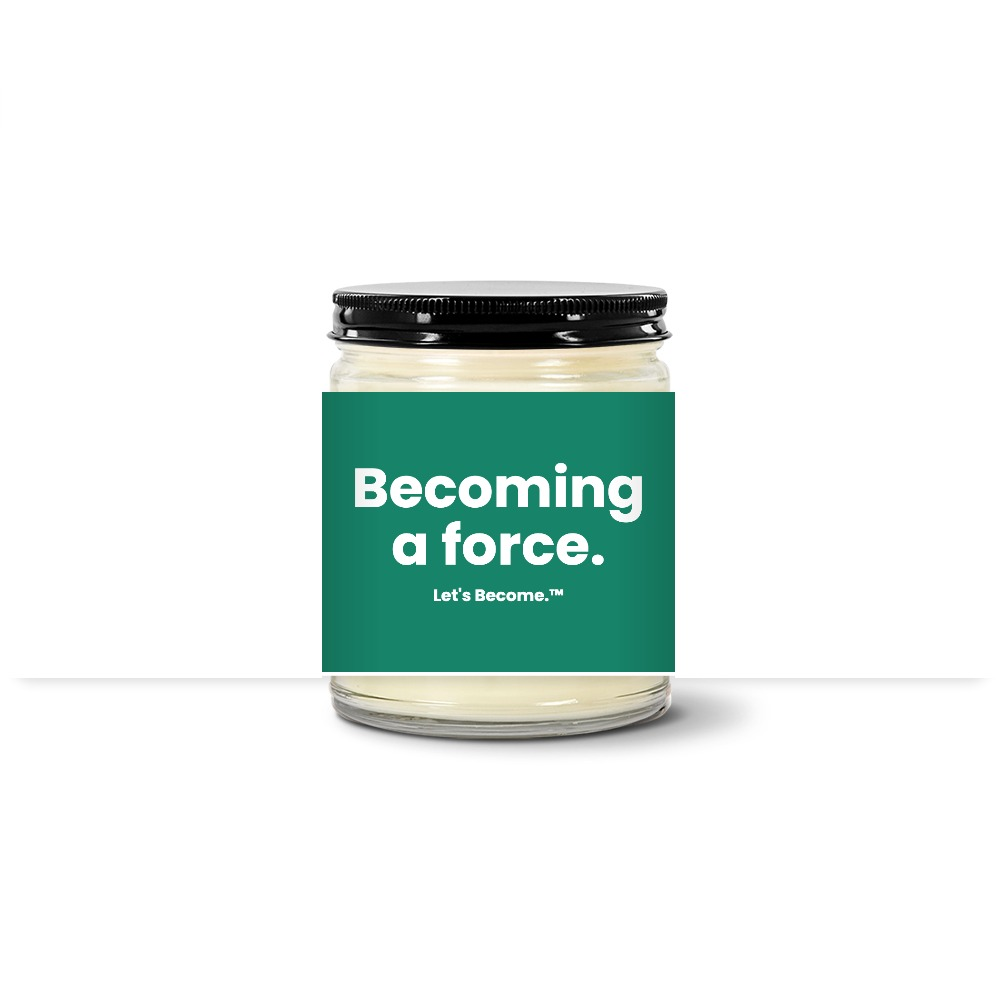 Turquoise Horizon candle — Becoming a force. — jade label, clear jar with black lid