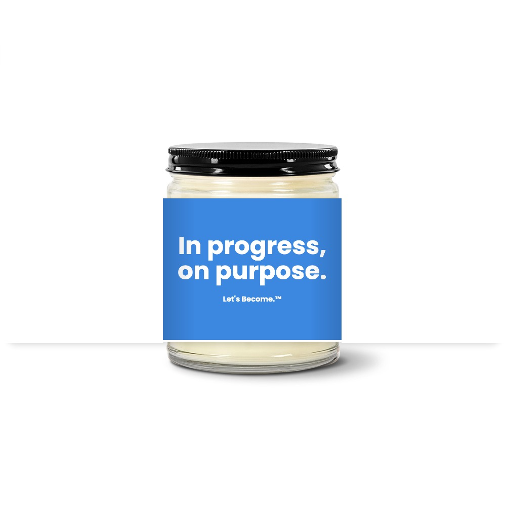 Turquoise Horizon candle — In progress, on purpose. — sky label, clear jar with black lid